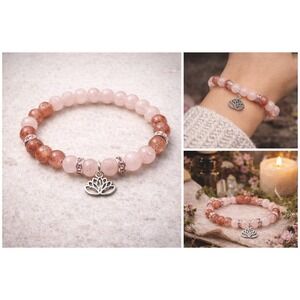 Strawberry and Rose Quartz Lotus Bracelet Boho Witchy Crystal Jewelry‎